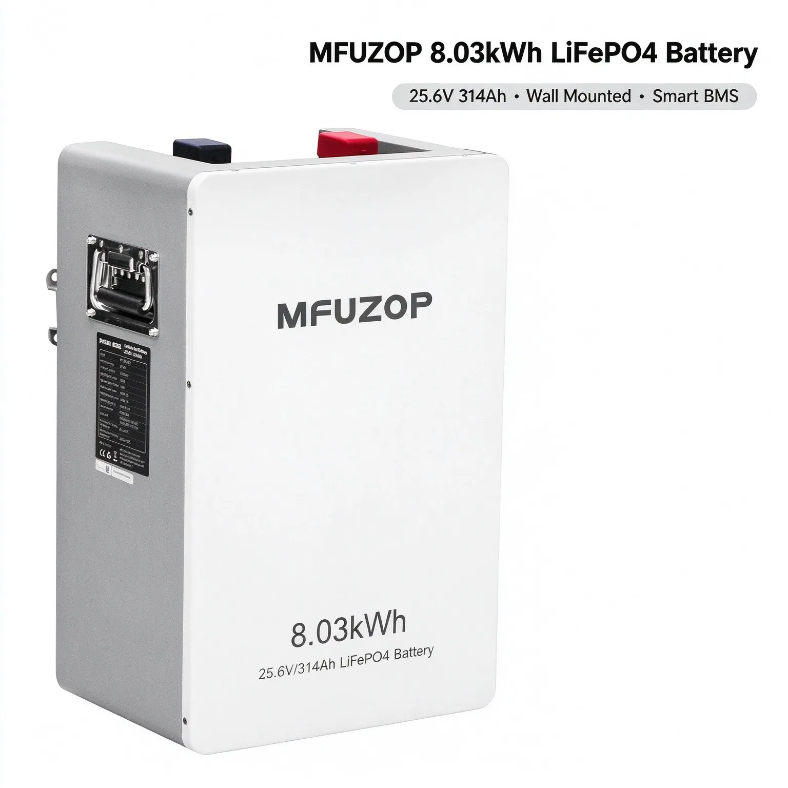 MFUZOP 8.03kWh LiFePO4 Battery Pack 25.6V 314Ah Wall Mount Solar Energy Storage Built-in Smart BMS Bluetooth RS485 CAN Max 15 Units Parallel Home Off-Grid Backup Power