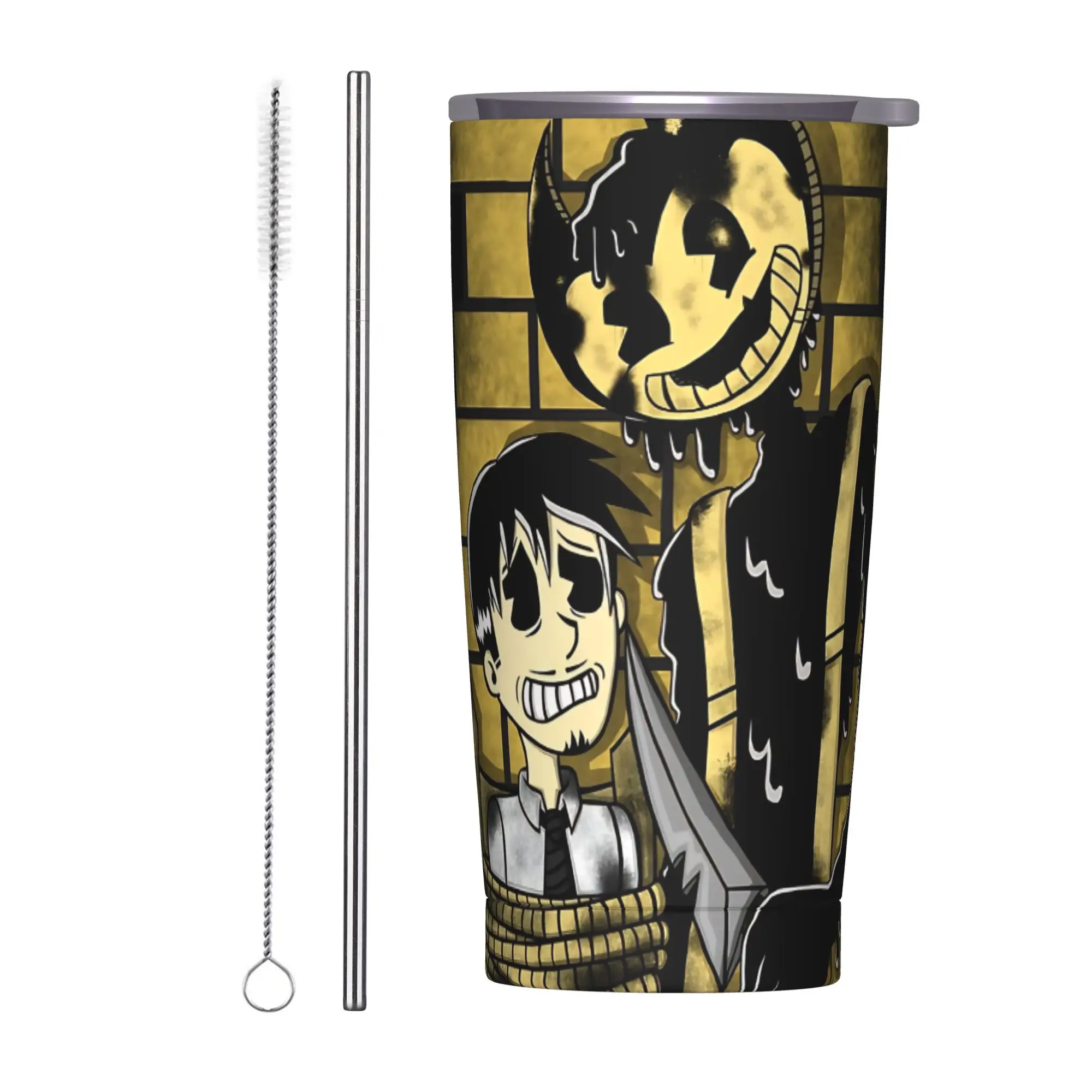 Bendy and the Dark Revival Insulated Tumbler with Straws Lid Horror Game Vacuum Thermal Mug Office Home Hot Cold Drinks Cup 20oz