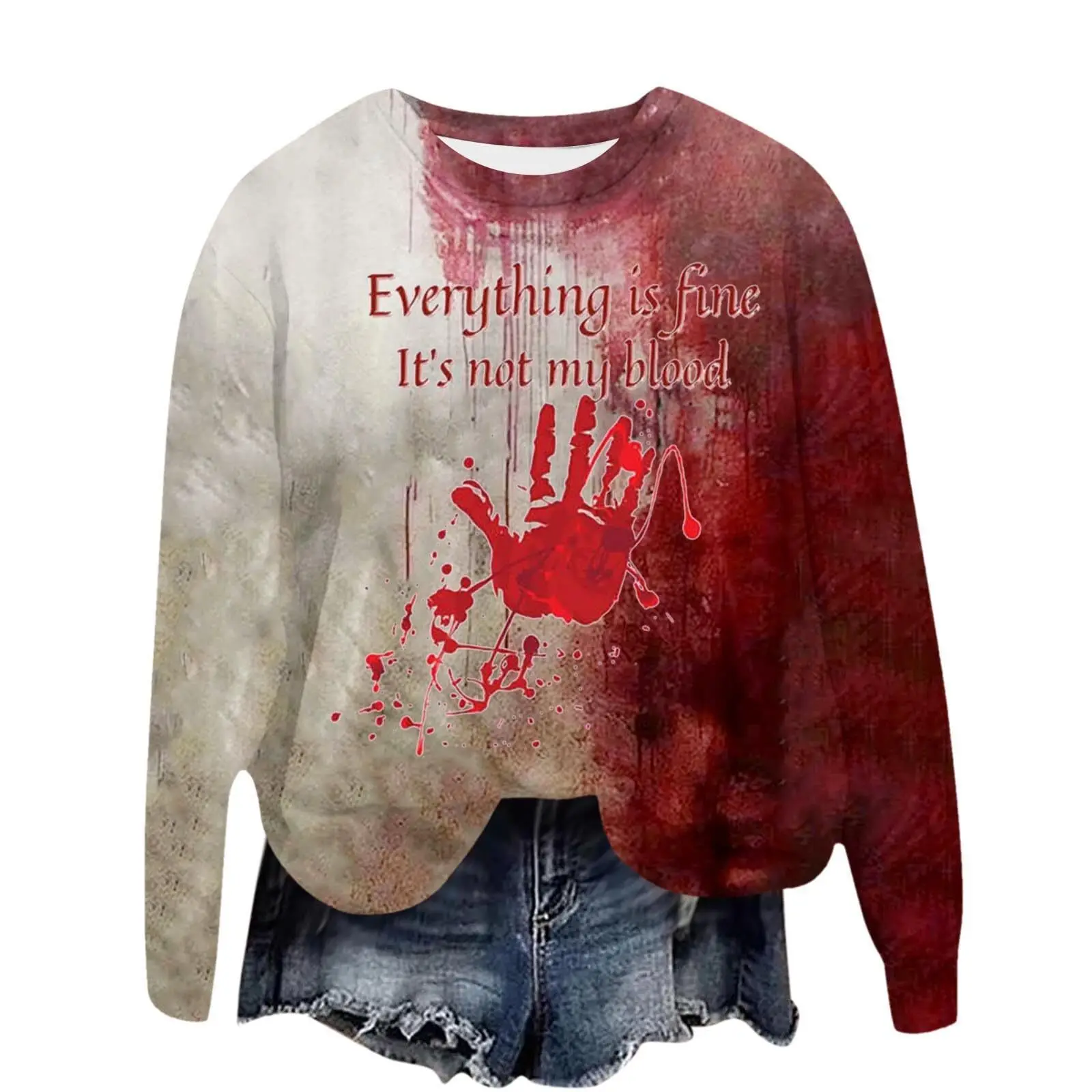 Blood Clot Autumn Horror Element English Letter Pattern Halloween Cross-Border T-Shirt Women's Top Round Neck SweatshirtME1