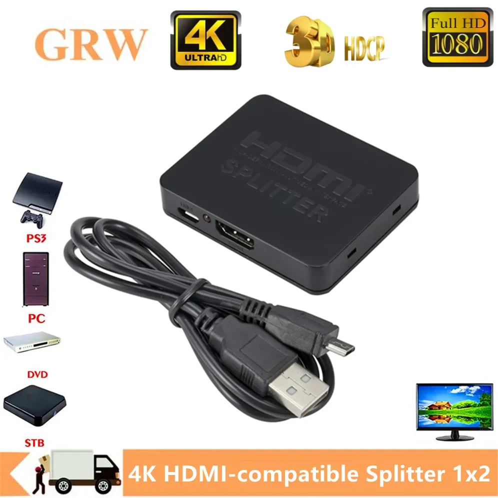 HDMI 비디오 스플리터 앰프 듀얼 디스플레이, HDTV 박스 PC 모니터 프로젝터 노트북용, 4K HDMI 스플리터, 1 in 2 Out HDMI 스위치, 1x2 