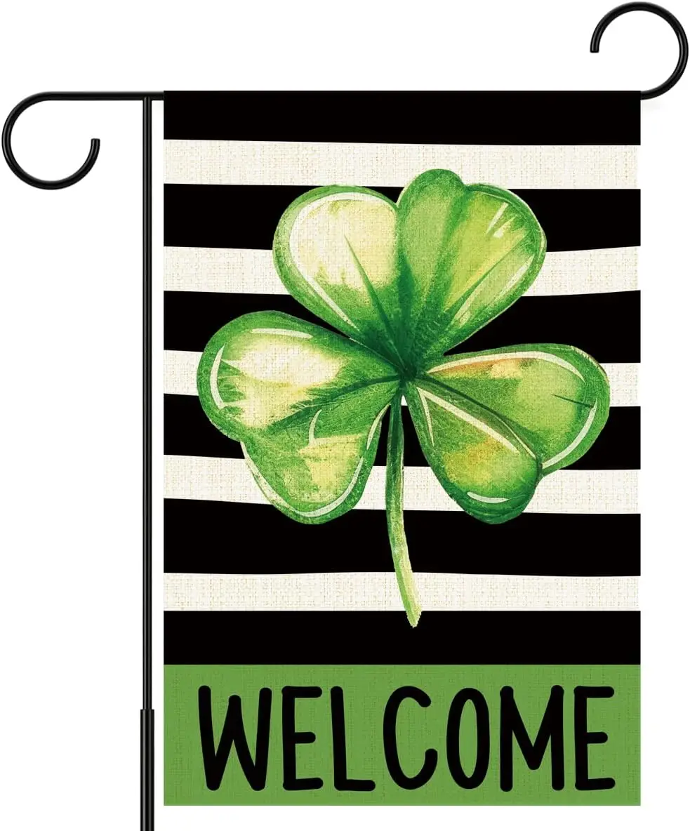 St Patricks Day Welcome Garden Flag 12x18 Inch Double Sided,Clover Stripes Outdoor Irish Decor House Porch Flag for St Patri EEZ