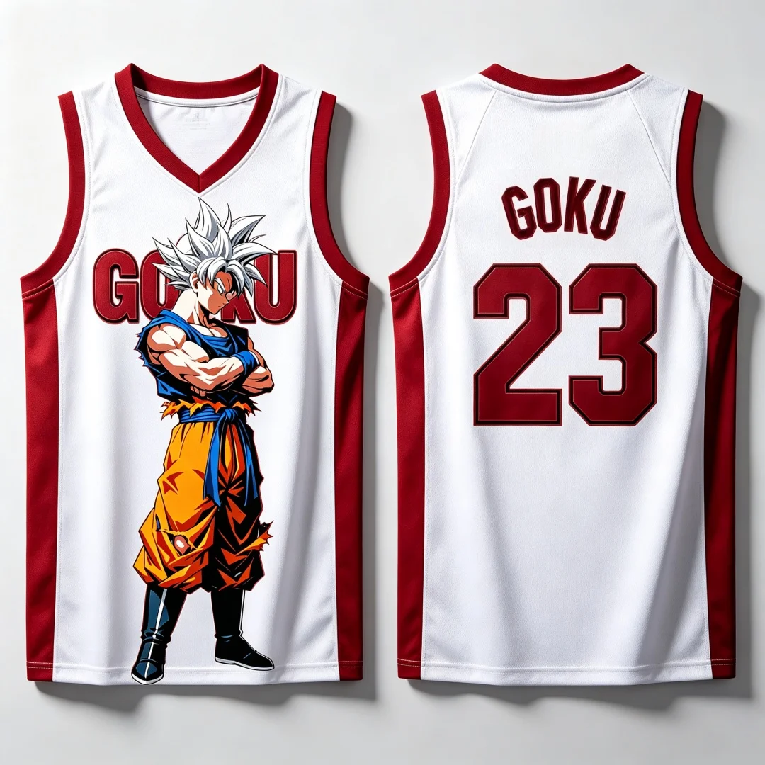 Dragon Ball Ultra Instinct Goku Basketball-Trikot, passende Eltern-Kind-Outfits, weiß, rot, ärmelloses Tank-Top, Anime-Streetwear – Detail 7