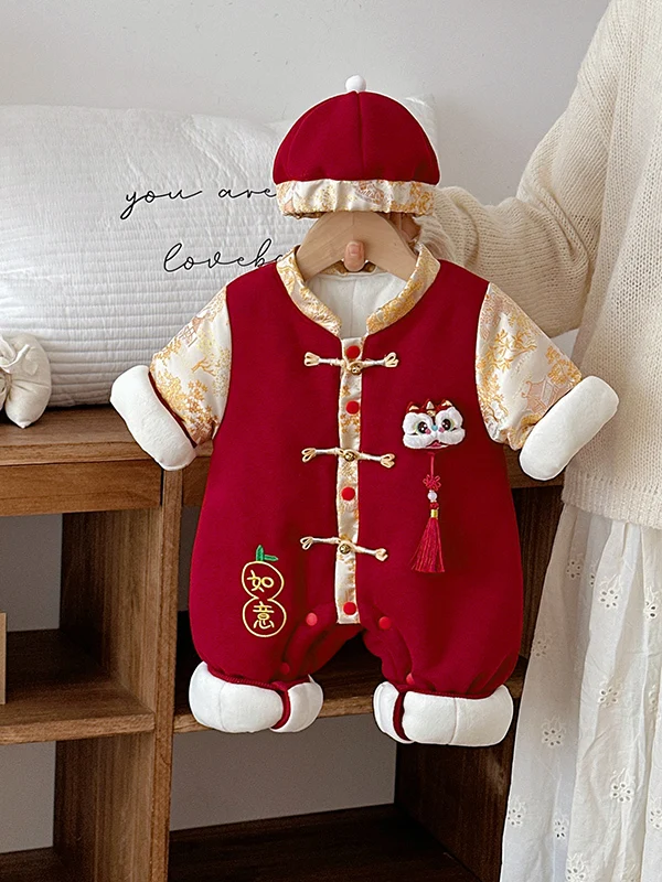 

Red Rer Suit with Hat for Infants And Toddlers Celebration New Year Visit Fly Clothes Winter Baby Cling Suit