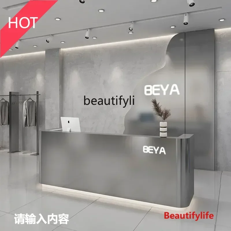 ss New Light Luxury Stainless Steel Bar Curved Clothing Store Cashier Simple Modern Beauty Salon Catering Hair Salon Reception D
