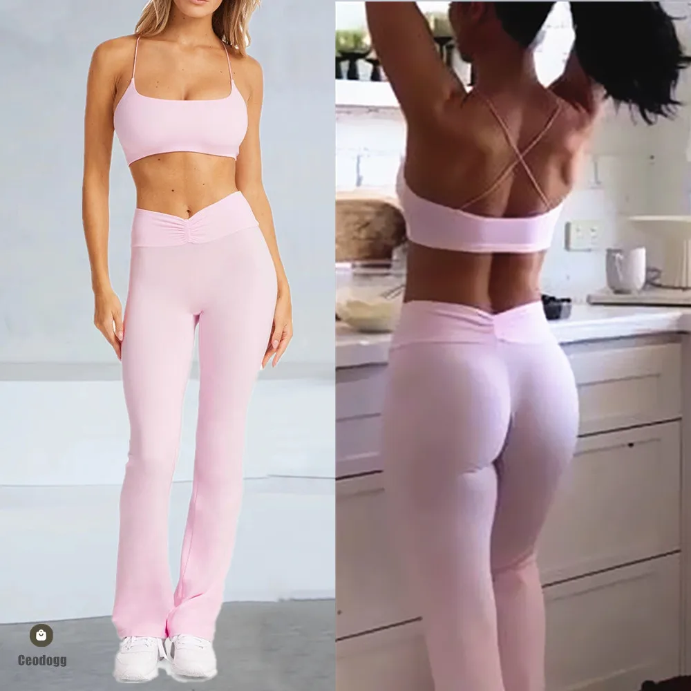 

2PCS Strap Female Pad Yoga Set Sports Clothing High Waist Flare Leggings Women Fitness Gym Workout Pant Active Wear XP44