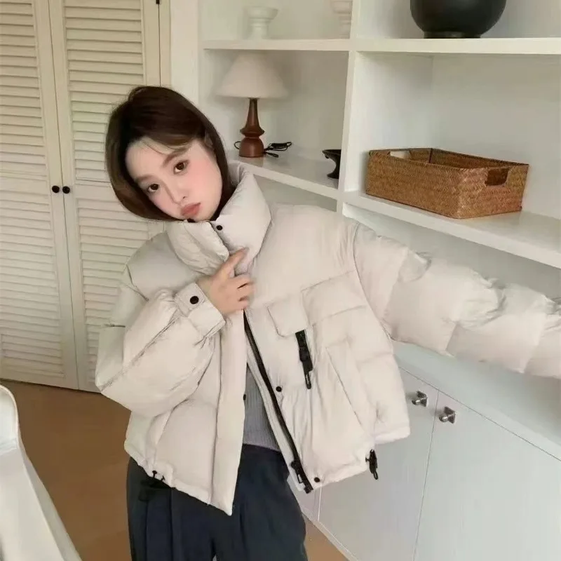 الشتاء الأبيض بطة أسفل سترة منتفخة للنساء الدافئة الوقوف طوق قصيرة أسفل معطف طويل الأكمام أعلى الرباط أسفل سترة النساء #6