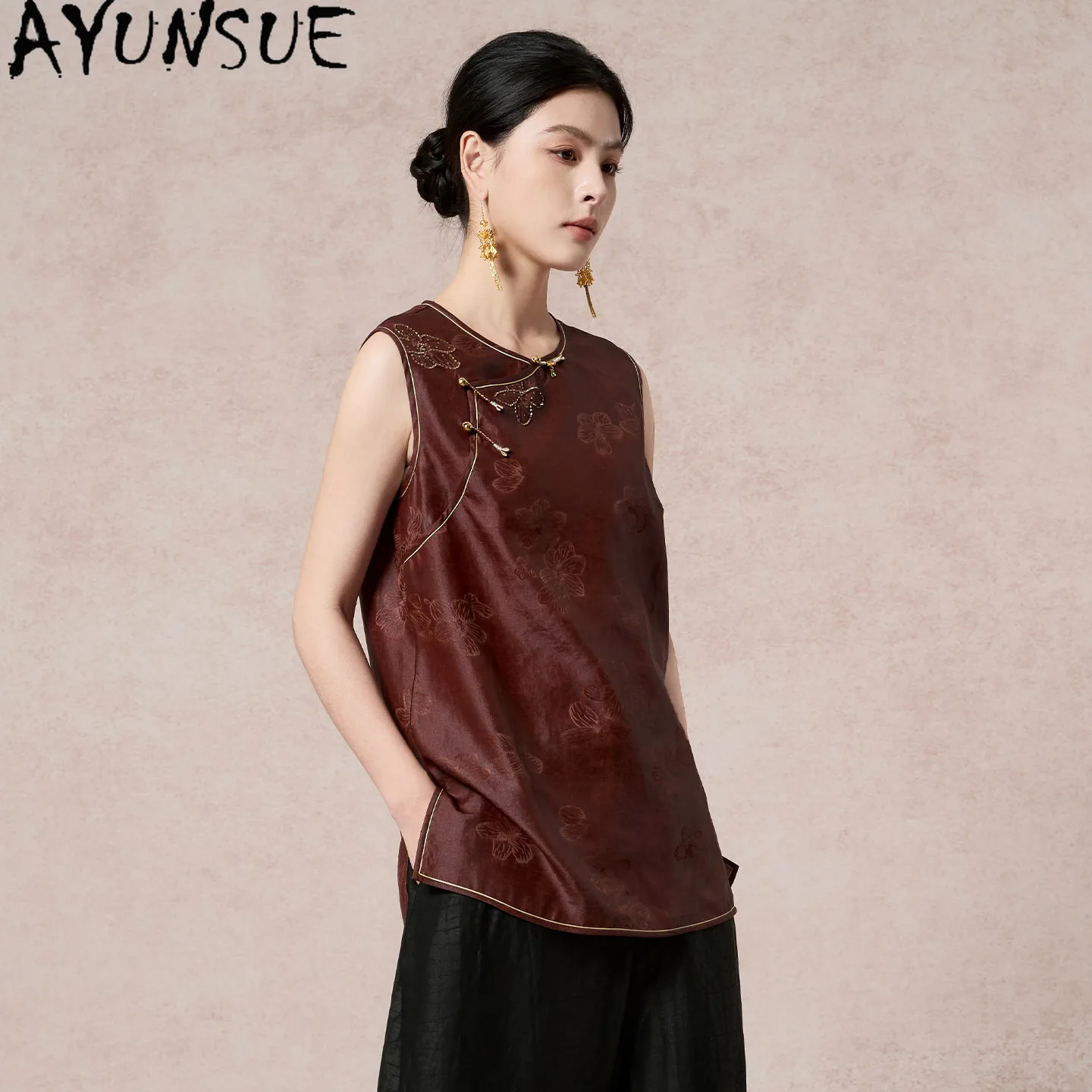 AYUNSUE 100% Real Mulberry Silk Vest Women Vintage Sleeveless Shirt 2026 Summer Clothes Casual Womens Tops Жилет Женский