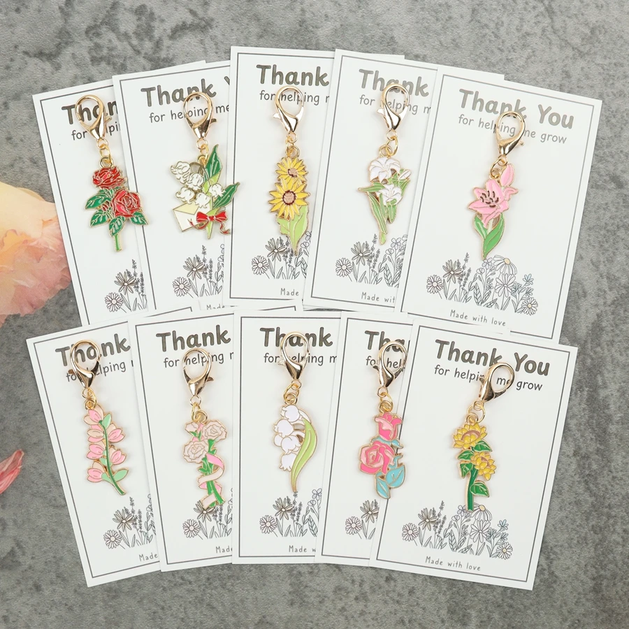10 Beautiful Flower Keychain Pendants, with a Thank You Card for Helping Me Grow, Perfect Gifts for Teachers' Day, Back-To-School Season, Weddings, Commemorations, Thanksgiving, and Christmas