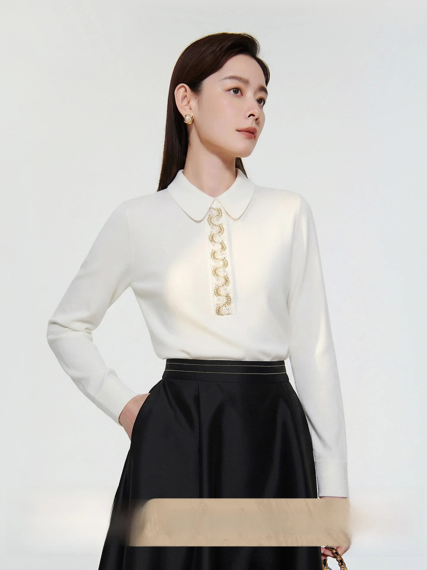 

CVANEA Spring Cloud Silk irt 30 Momme Handmade Beaded Versatile Collar Long Sve Women's Casual Wear Skin-friendly B...