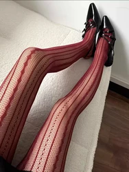 Kave Burgundy Striped Y2K Hollow Tights For Women Sweet Vintage Sexy Versatile Thin Pantyhose 2026 Spring And Autumn New Trendy