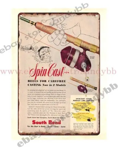 1954 South Bend Spincast Reel Rods Reels Lines Lures Fishing metal tin sign