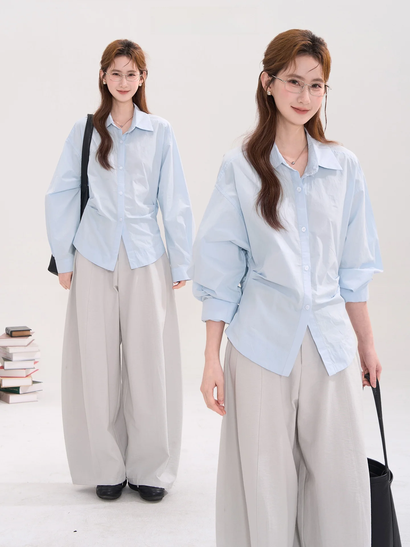 

Летняя женская повседневная хлопковая рубашка в корейском стиле с эффектом похудения, плиссированная, с завышенной талией, с длинным рукавом, цвета кремового льда