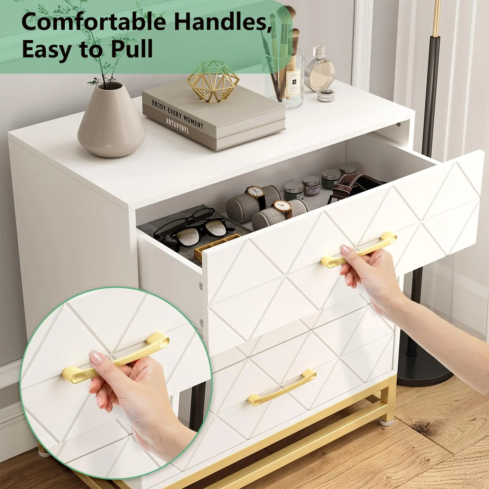Dresser for Bedroom with 3 Drawe Modern Dressers Chest of Drawers with Wide Drawers Metal Handles Wood Dressers for Living Room