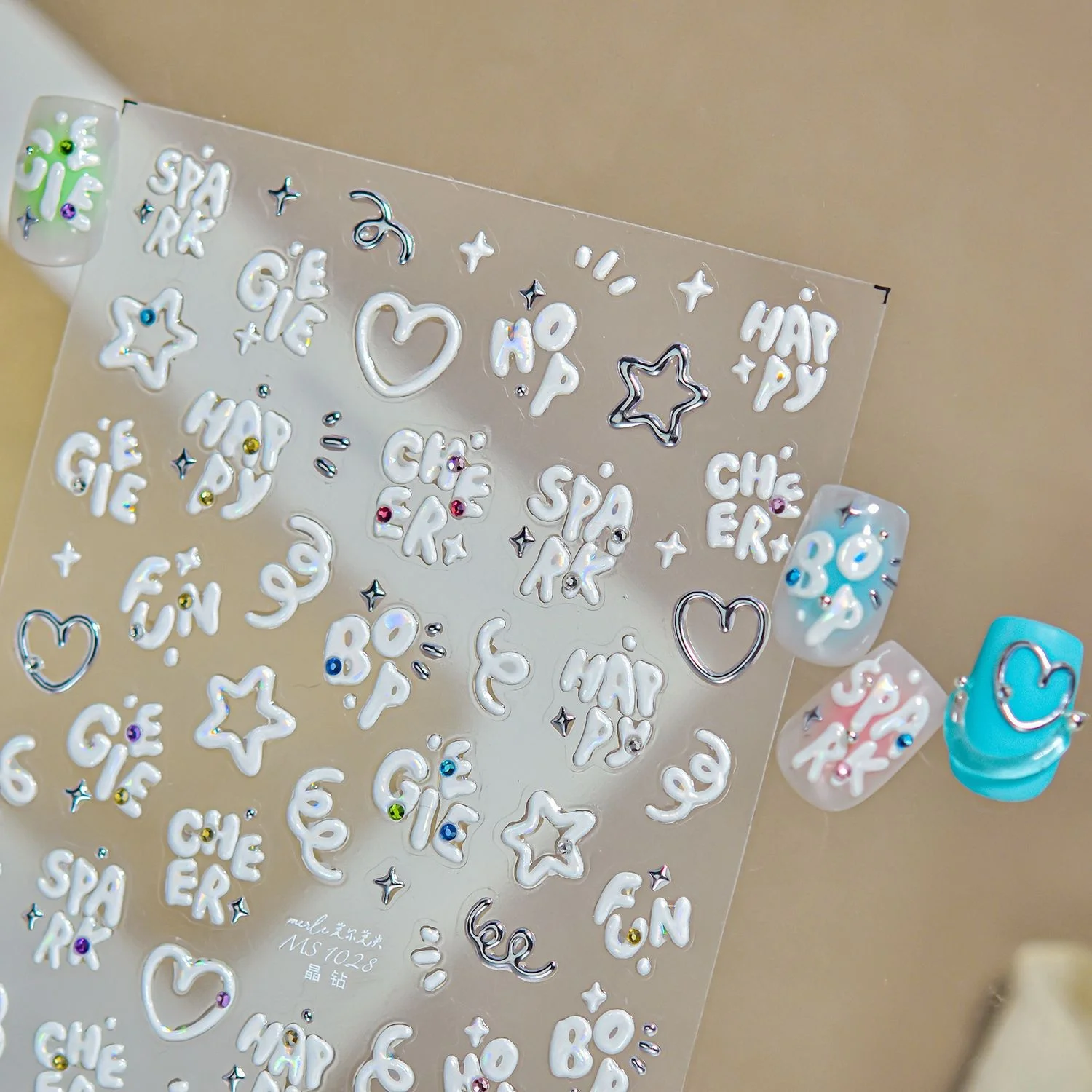 5D Round Bubble Nail Decals Empty Heart Four-point Star Curly Lines Typography SPARK HAPPY CHEER Decorative Letter Nail Sticker