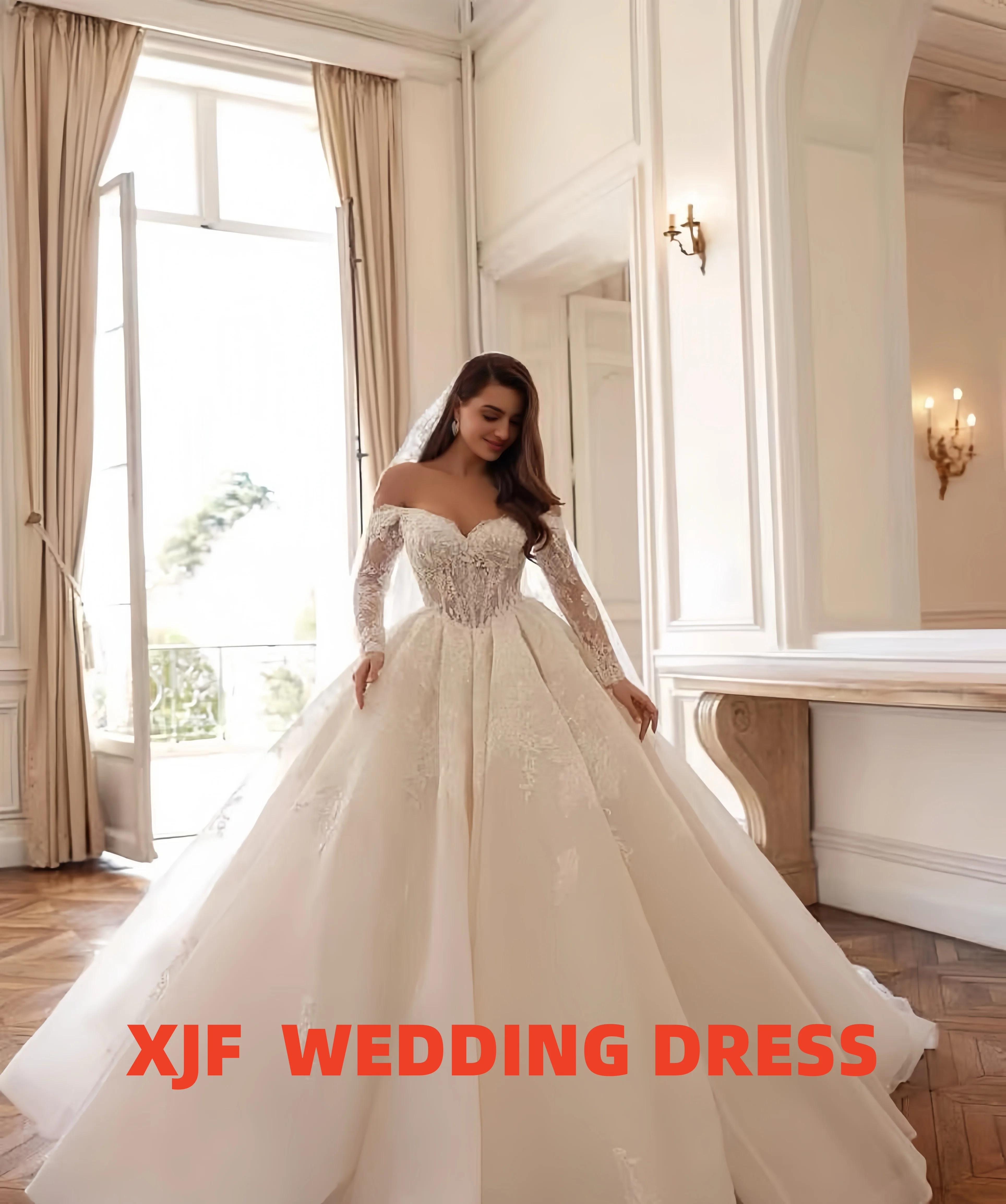 Aangepaste luxe A-lijn trouwjurk met lange mouwen Kant applique kralen kristallen bruidsjurk vestidos de novia