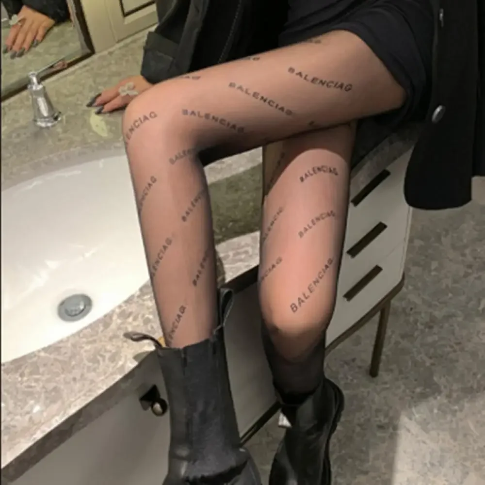 Text-Print Spring Summer Sheer Silk-Like Dark Tights Parisian Alluring Chic Trendy Hosiery Snag-Free Fashionable Thin Pantyhose