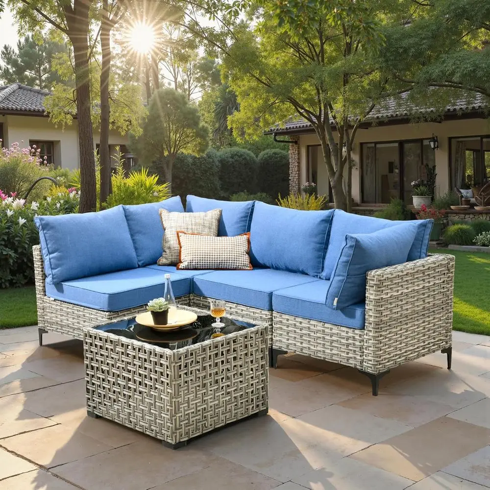 

5-Piece Outdoor Patio Furniture Set with Glowing Coffee Table, Rattan Wicker, Sofa, Sectional, Single Chairs for Backyard, Pool,