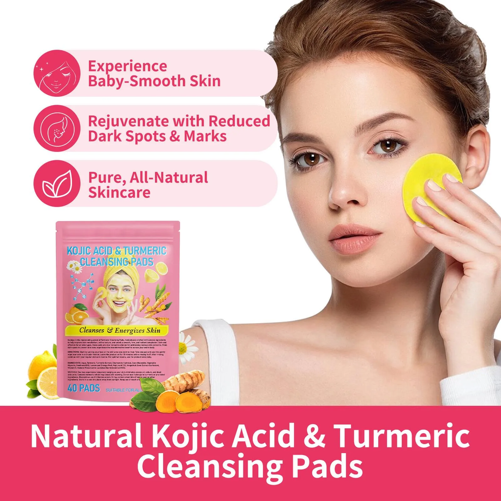 40pcs Natural Ingredients Cleansing Pads Non-Irritating Turmeric Cleansing Pads Suitable for Women and Men