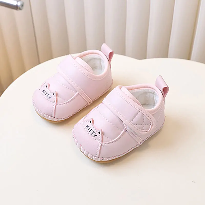 Solid PU Baby Girls Boys Casual Shoes Winter Kitty Hook Loop Soft Children Sneakers Fleece Warm Infant Kids Walk Shoes