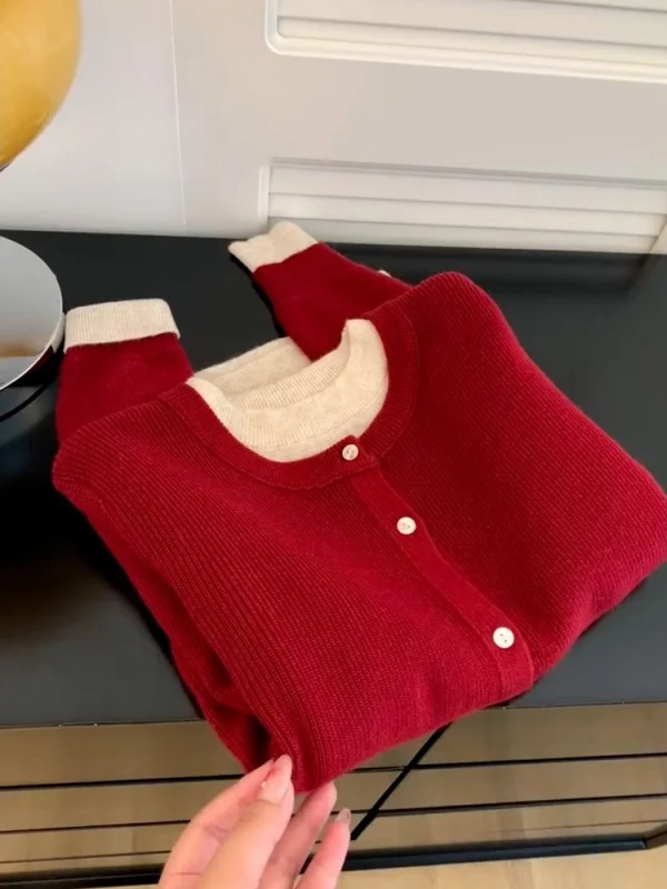 

Красный вязаный открытый кардиган-свитер, женский зимний новый ленивый высококачественный внутренний свитер, искусственный топ из двух предметов