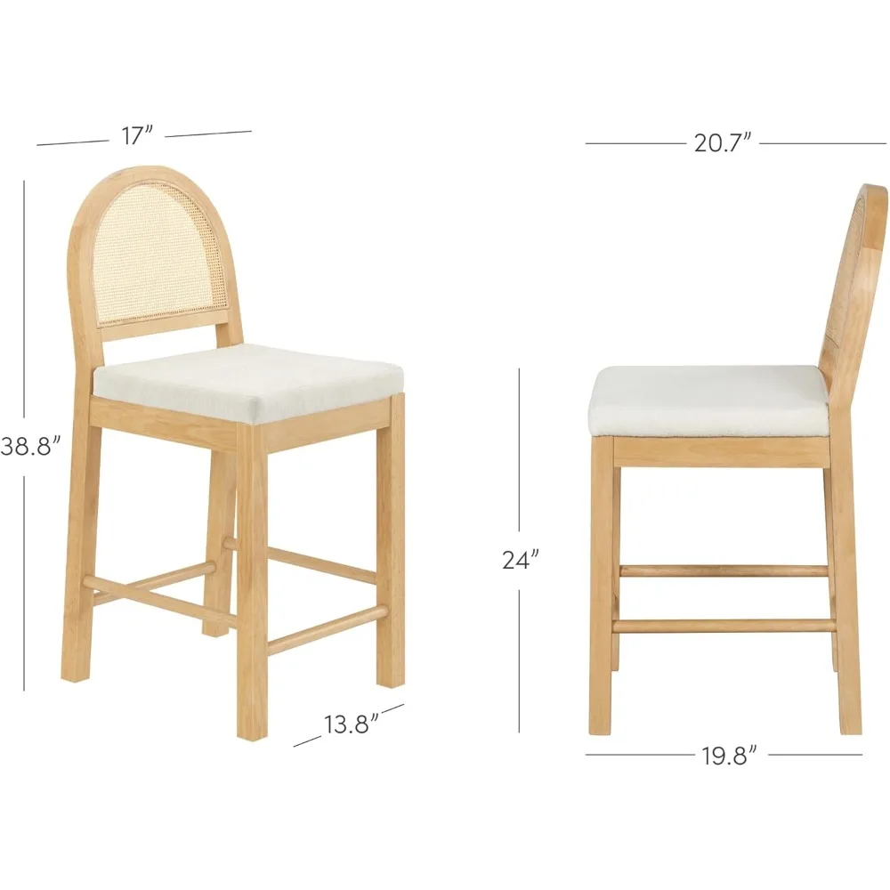 Bar Stool ,Upholstered Rattan in Oak Finish Frame,Counter Height Stools w/ Natural Rattan Woven Back For Kitchen Island