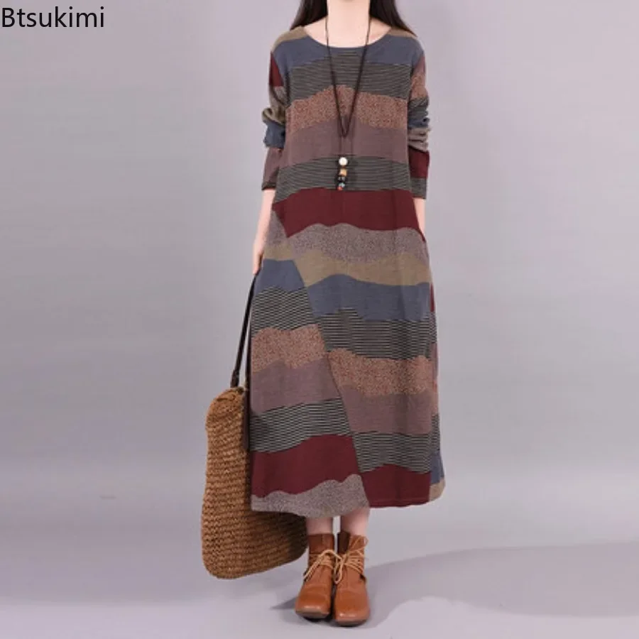 

Fashion Vintage Spliced Striped Midi Dress Women's Loose Casual Long Sleeve Cotton Linen Dresses Ladies Temperament Long Skirts