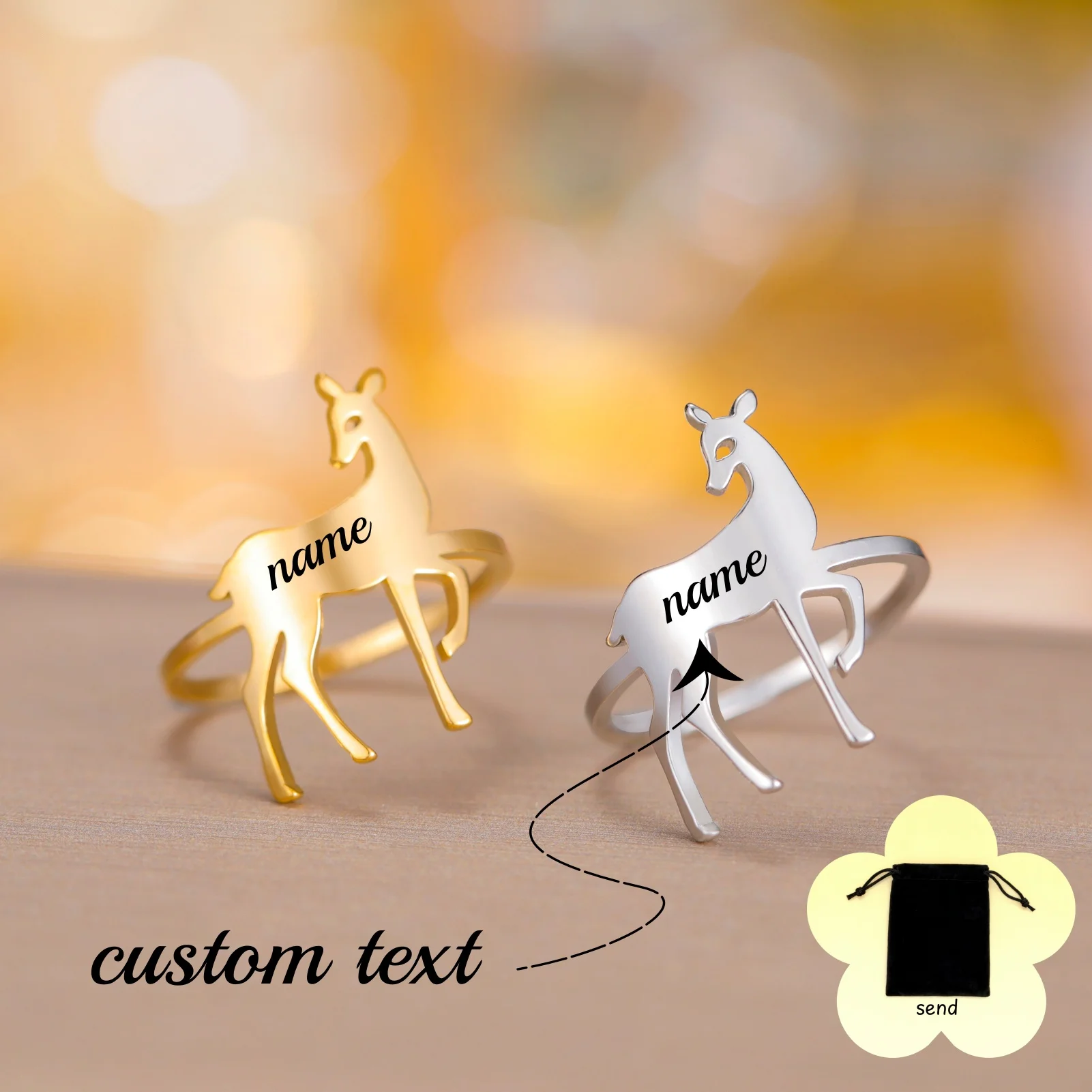 Customized Name Text Christmas Reindeer Ring Stainless Steel Horn Deer Elk Animal Ring Jewelry Couple Christmas Gift