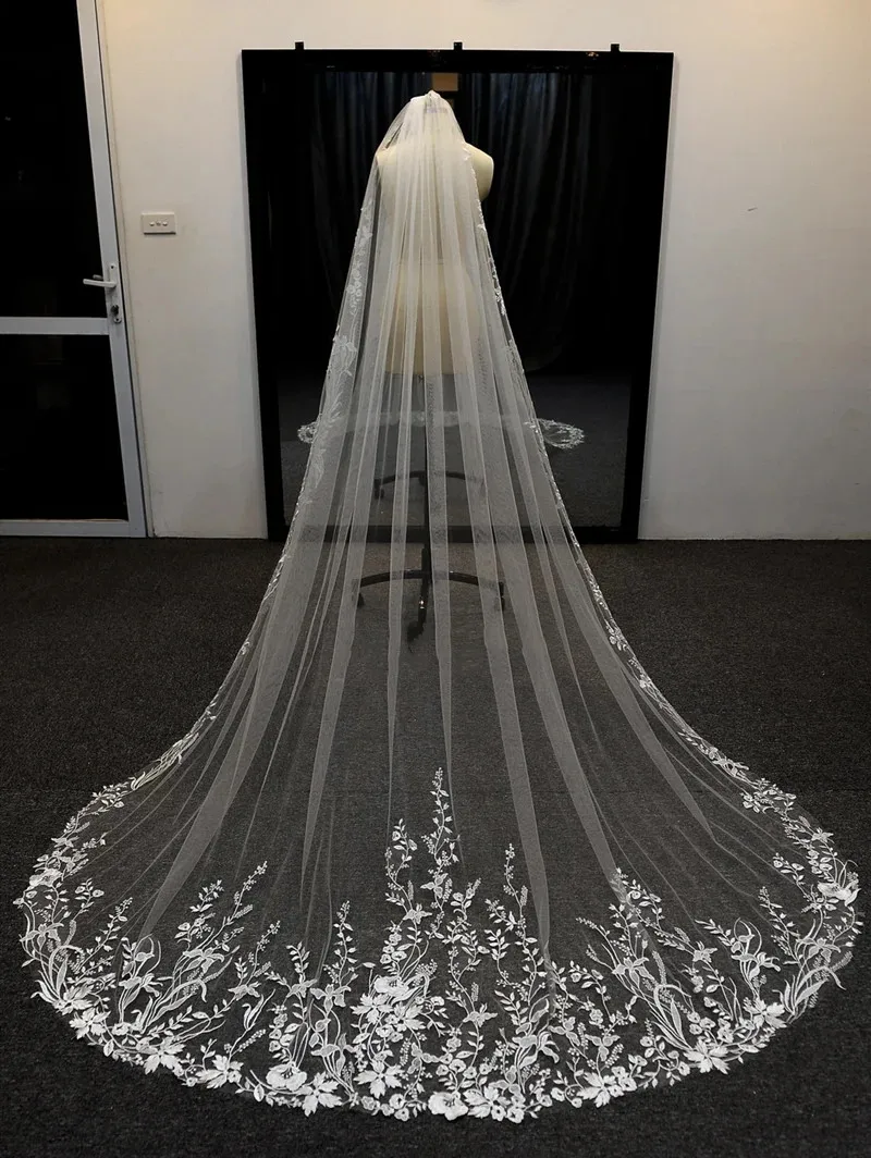 White Ivory sparkling Long Bridal Veils Wedding Veil All Lace Appliques Soft Net Cathedral Veil velos de novia  voile de mariée