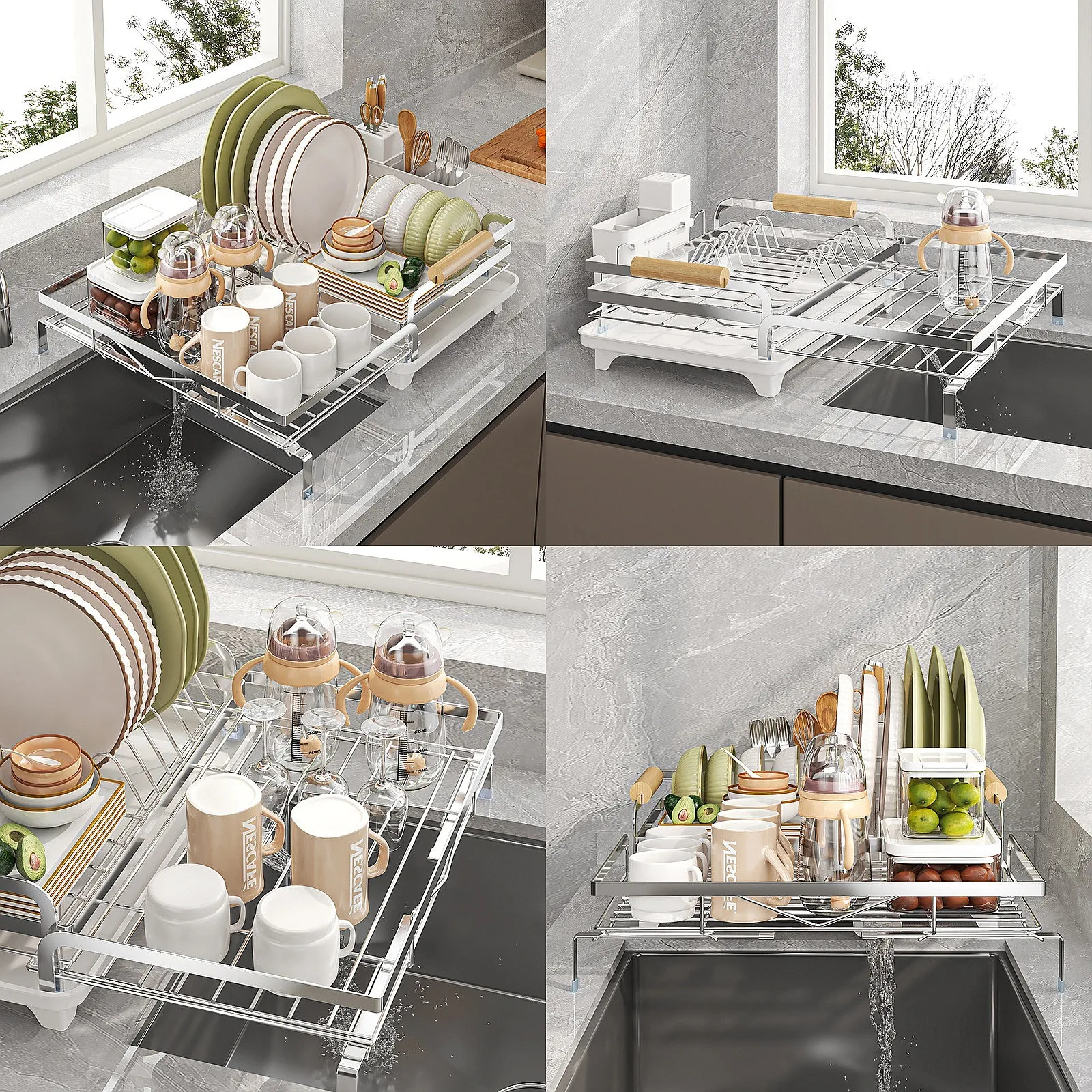 Stainless Steel Sink Extendable Dish Drying Rack Kitchen Counter Shelf Adjustable Storage Organizer for Plates Bowls