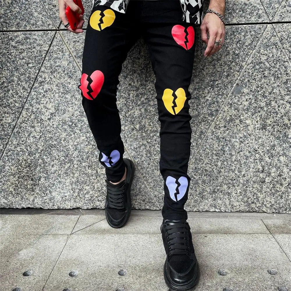 Trend Black Jeans Fashion Street Trousers Cozy Skinny Broken Heart Printed Design Soft Denim Pants Mens Clothing New Men