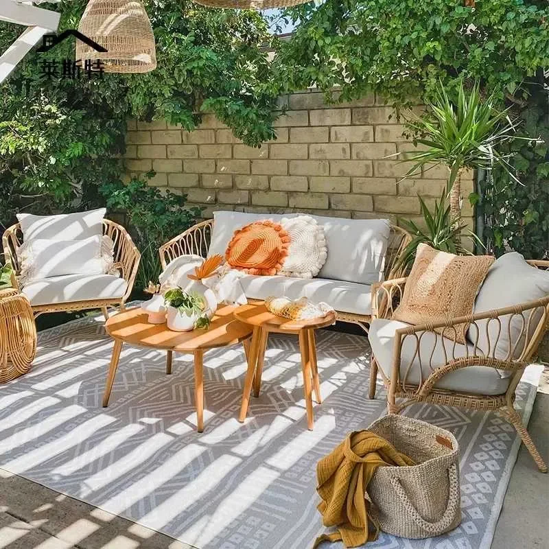 Waterproof Rattan Outdoor Sofa Set with Coffee Table Bamboo Patio Furniture for Balcony Terrace Courtyard Leisure