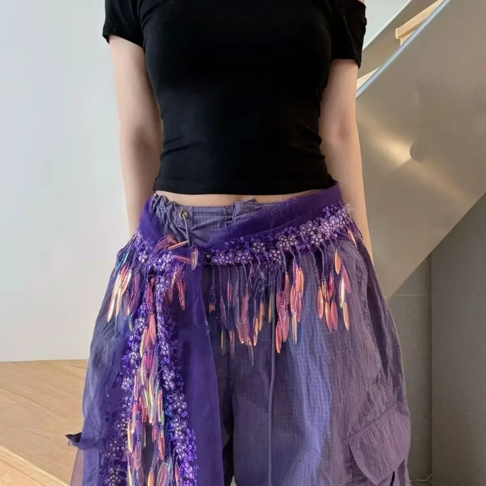 الجينز ديكور الجاز الرقص وشاح الورك الهيب هوب Y2K شرابات حزام الثلاثي وشاح قميص موسع الترتر حزام الخصر اكسسوارات