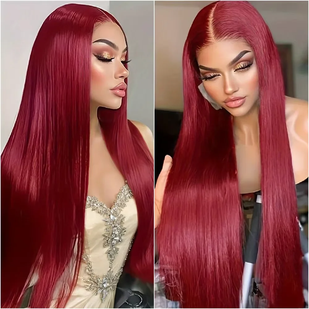 

Soft 99J Burgundy Colored Straight Wig 13x4 13x6HD Lace Frontal 200 Density Pre Plucked Hairline Long Inch Trendy Wigs For Women