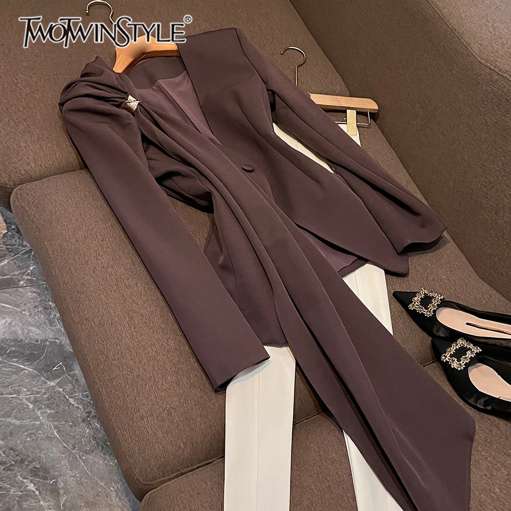 TWOTWINSTYLE Elegant Draped Shoulder Single Button Blazer Jacket for Women Long Sleeve Slim Fit Coffee for Commuter KJA533507