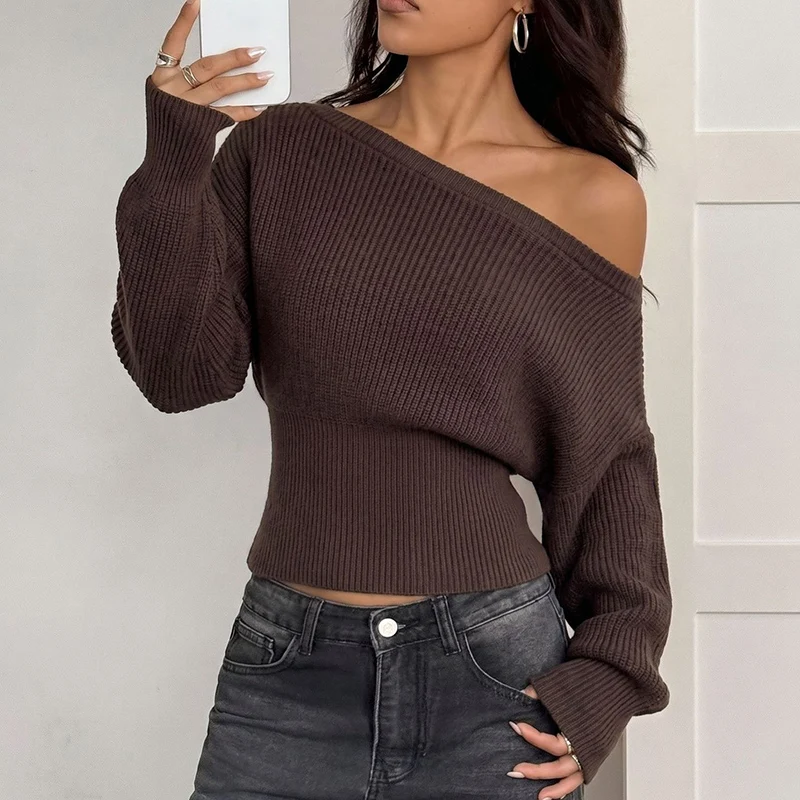 Streetwear Off Shoulder Knitted Sweaters Women Autumn Winter Long Sleeve Cropped Sweater Woman Korean Slim Waist Jumpers Female