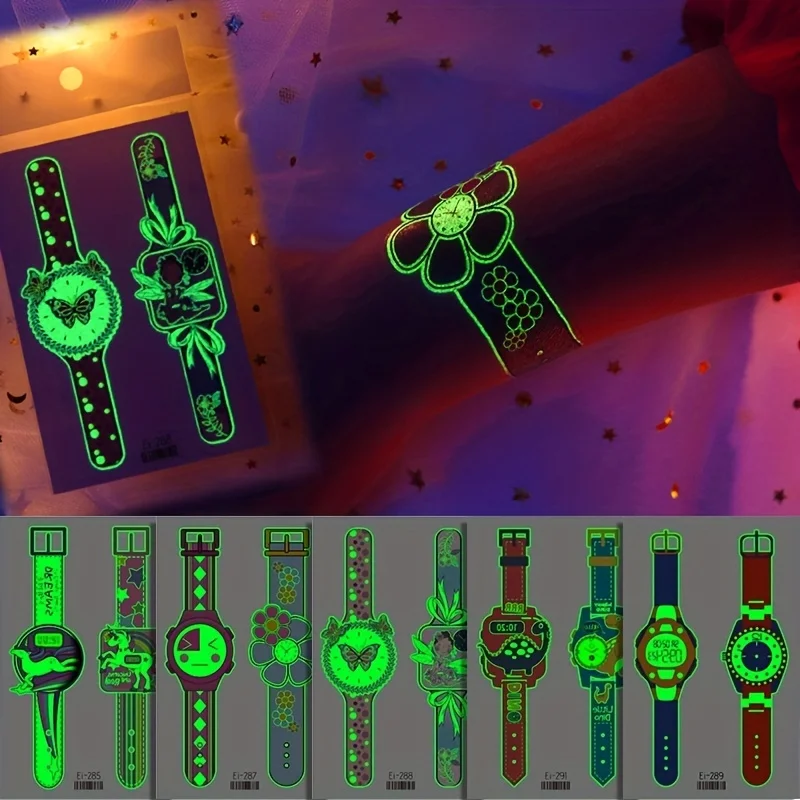 

[Clearance] 6 sheets of glow-in-the-dark watch tattoo stickers - unicorn, dinosaur, princess, animal style. Wrist watch temporar