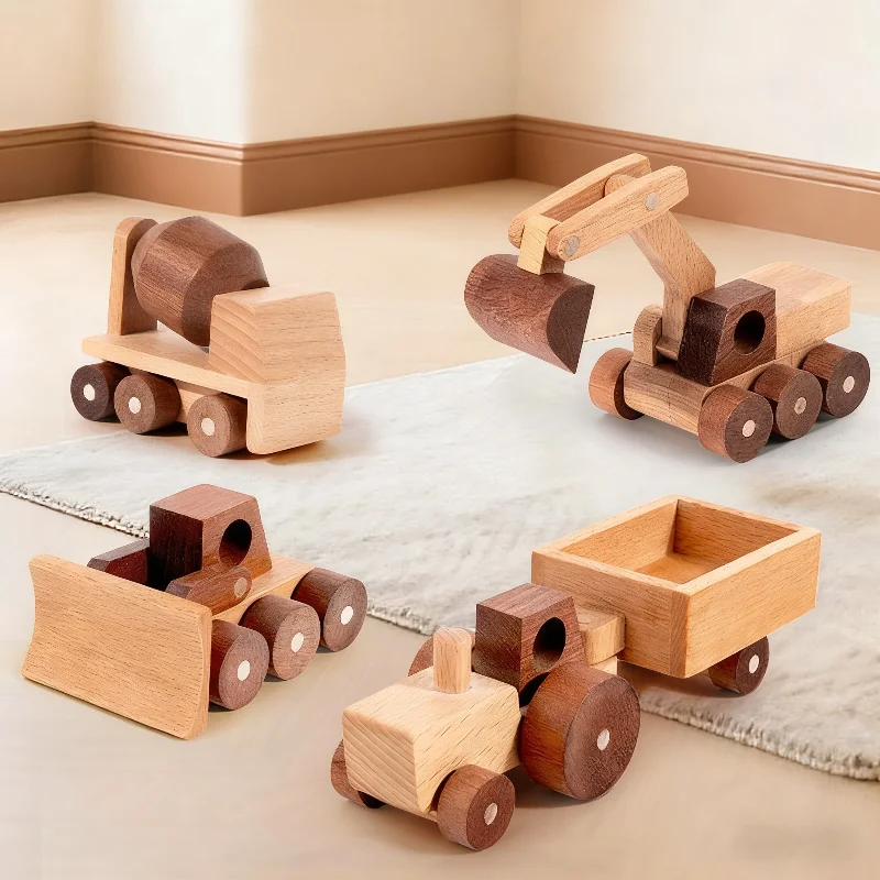 Holzspielzeug Buchenholz Auto-Bausteine Cartoon-Bagger Pädagogisches Montessori-Spielzeug Kinder-Krankenwagen Polizeiauto Geburtstagsgeschenk