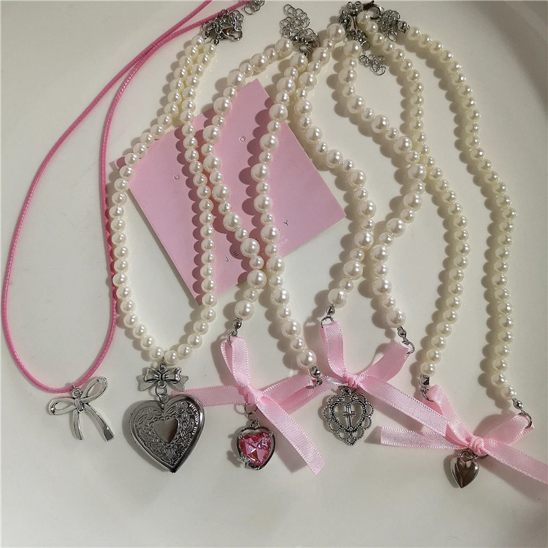 Kpop Y2K Aesthetic Lolita Pink Heart Bowknot Pendant Pearl Beaded Necklace For Girl 2000s EMO Goth Harajuku Jewelry Accessories