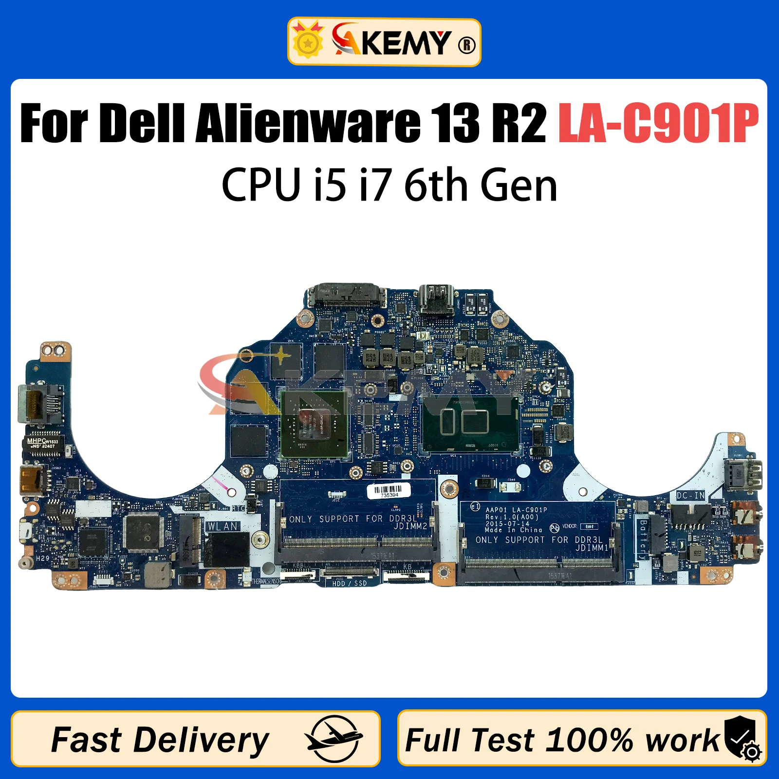 AKEMY LA-C901P Mainboard For Dell Alienware 13 R2 CN-0NHYX3 0V3TCJ 0VC62V Laptop Motherboard with I5-6200U I7-6500U CPU GTX960M