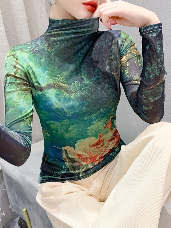 Bedrucktes Me Base irt Damen Long Sve High Collar Herbst Winter Faionable Inner Wear T-Shirt Street Sle Slim Fit Top