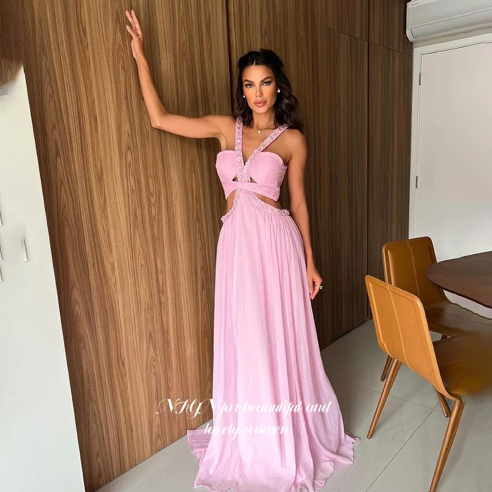 

NFYN A Line Evening Dress Straps Party Dress with Cut Our Beads Formal Occasion Dress for Arabic Women Customized