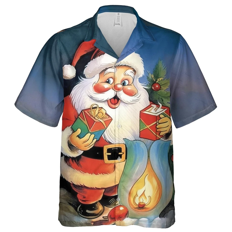 

Vintage Santa Claus Graphic Short Sleeve Shirts For Men Christmas Snowman 3D Printed Hawaiian Beach Shirt Harajuku Xmas Y2k Tops