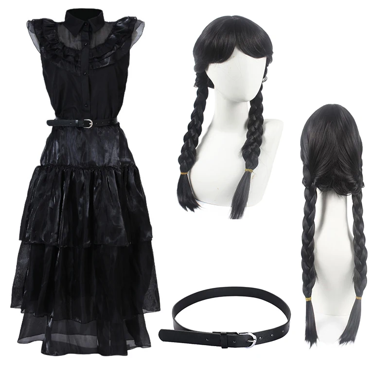 

Tv Drama Wednesday Cosplay Addams Costumes Black Gothic Wind Adult Kids Halloween For Children Girls Party Wig Headgear Dresses