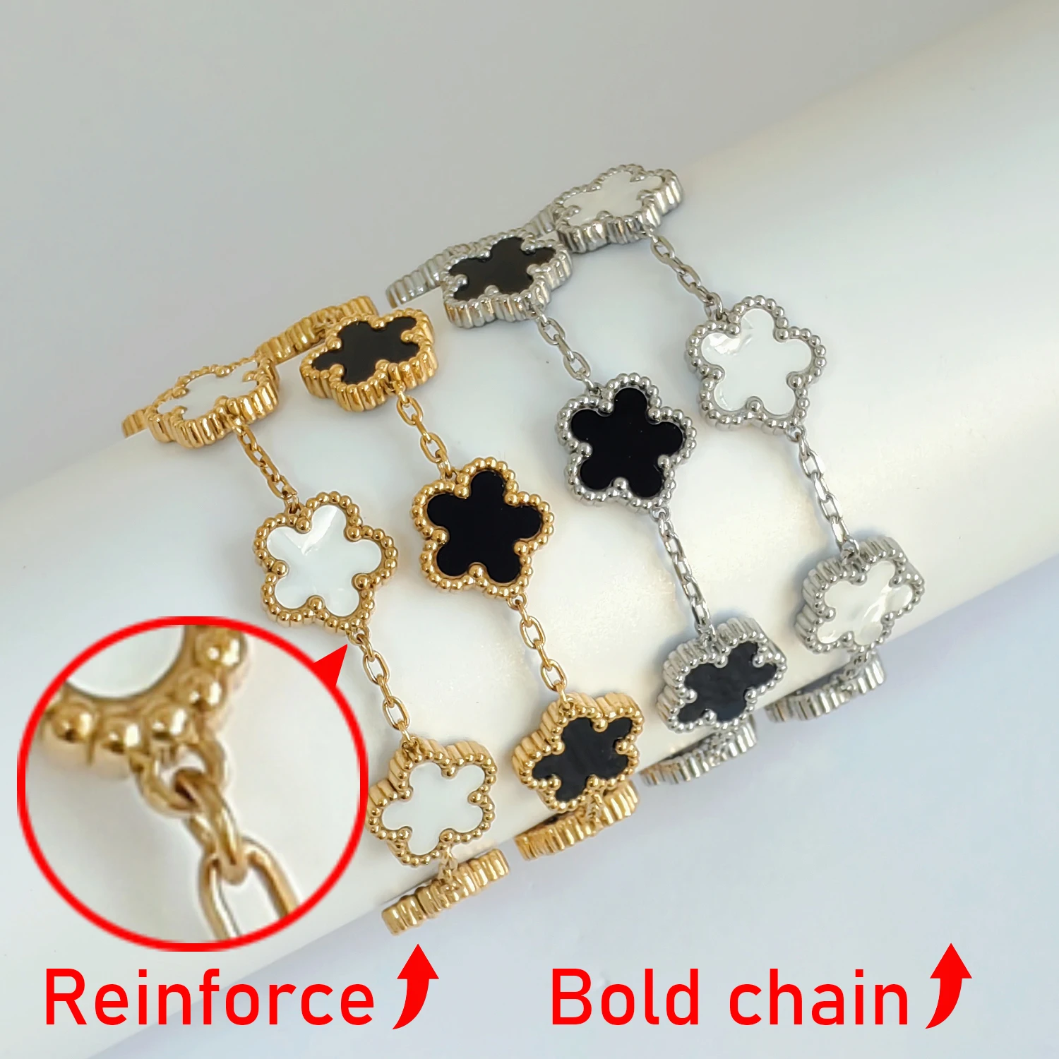 

Newly Upgraded Five Leaf Flower Bracelet Reinforced Design Thick Chain Stainless Steel That Is Not Easily Broken Women's Jewelry