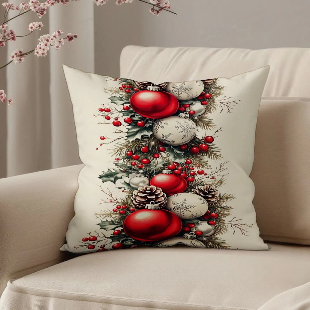 Square Throw Pillow Case Beige Vintage Christmas Baubles Holly Berries Pinecones Pattern For Living Room Sofa Bedroom Home Decor