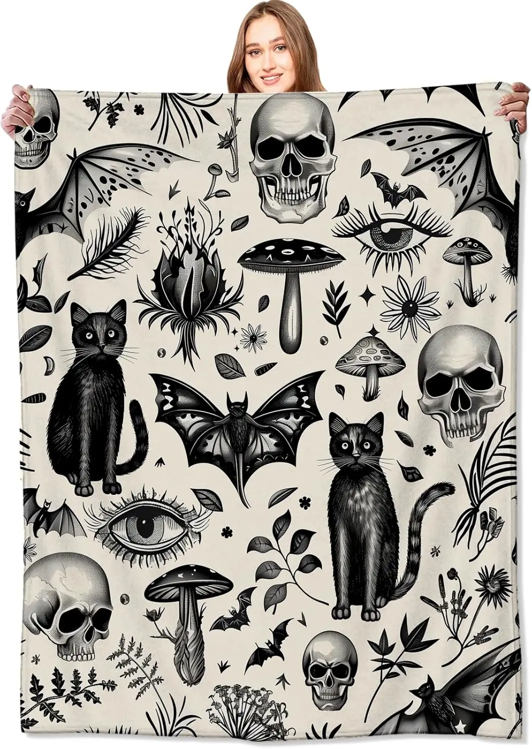 

Одеяло Spooky Goth Готические черные кошки, черепа и летучие мыши Пледы Подарки для девочек и мальчиков Взрослые Легкие мягкие флисовые уютные одеяла