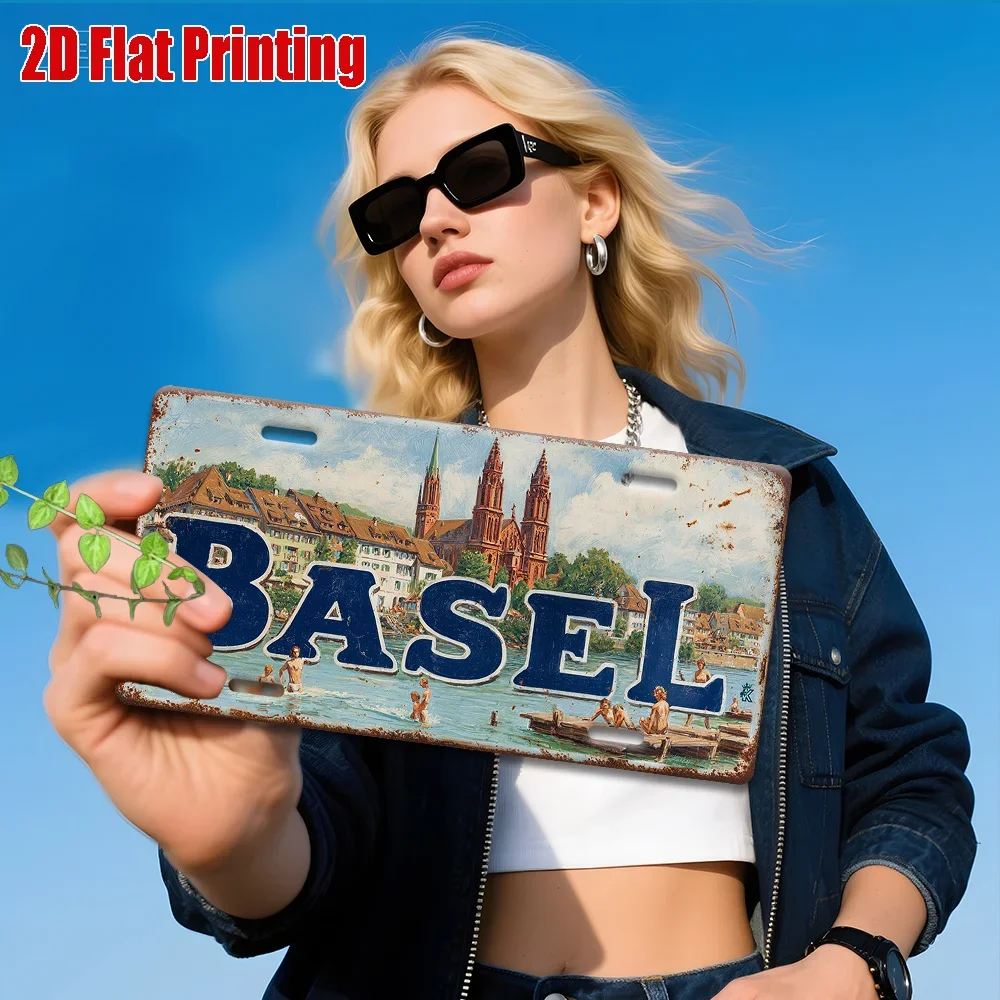 2D Flat, 1pc Vintage Basel Switzerland Metal Sign 30cm X 15cm Nostalgic Aluminum Wall Decor with Basel Cathedral