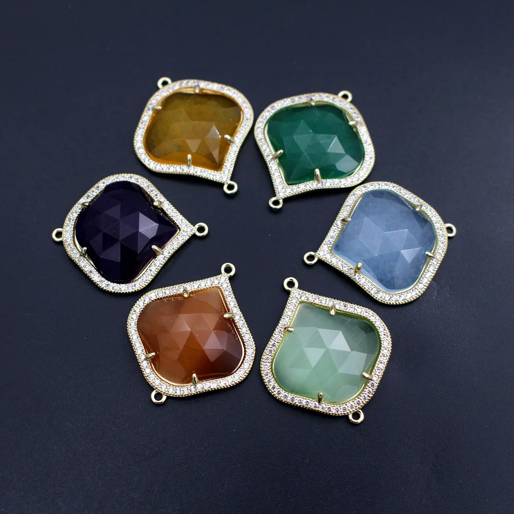 6pcs Faceted Multi-color Stone Connectors Heart Cats Eye Stone CZ Paved Charms For DIY Handcrafts Women Dangle Earrings Jewelry