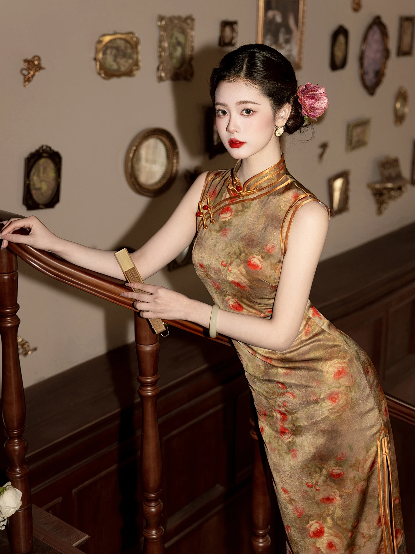 

Tea Brown Svel Dr Retro Chinese Sle Materni Maxi Dr Breathable Floral Print Long Qipao for Women