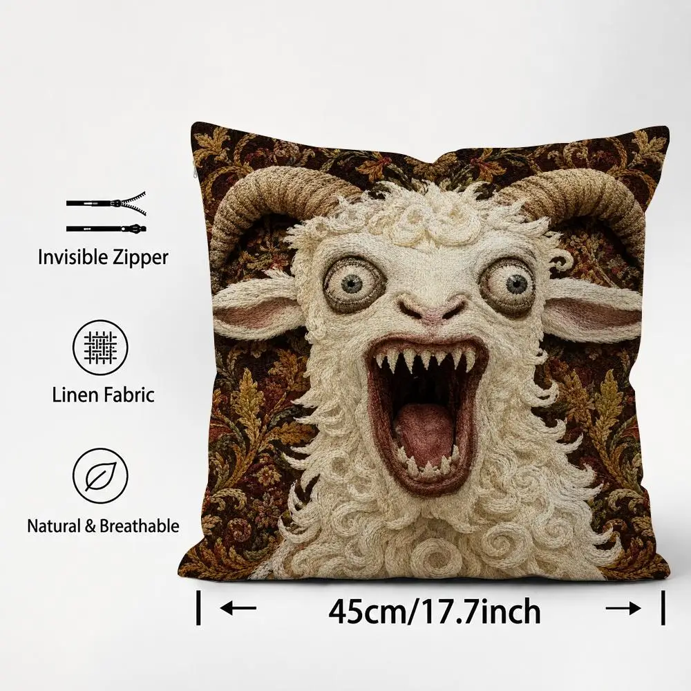 Folk Art Handmade Screaming Goat Sheep Embroidered Style Cushion Cover Natural Linen Breathable Sofa Bedroom Decor Pillowcase